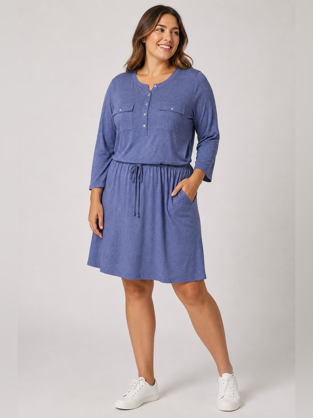 LL Bean Women Size Large Dress Blue Long Sleeve Tie 1/2 Button Jersey Stretch